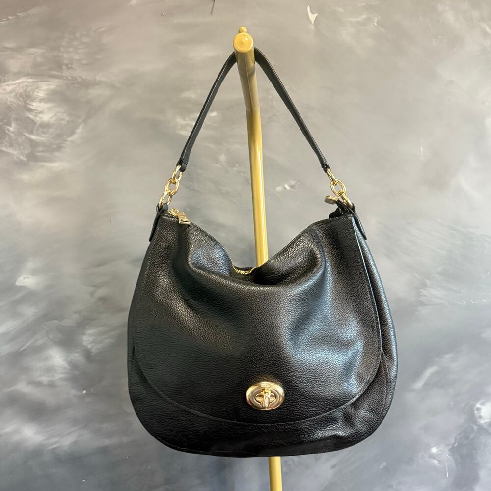 COACH Black Pebbled Leather Turnlock Hobo Bag Shoulder Gold Hardware